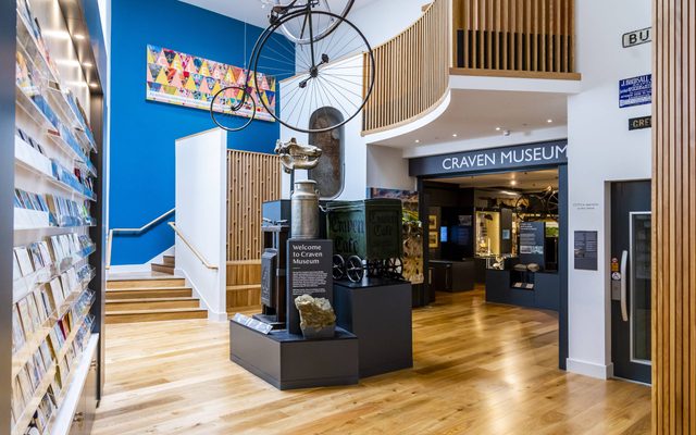 Skipton Town Hall foyer with display of museum objects