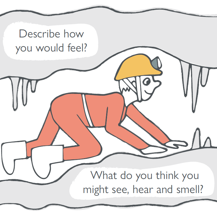 Illustration of someone crawling through a cave wearing a yellow helmet and red caving suit.
